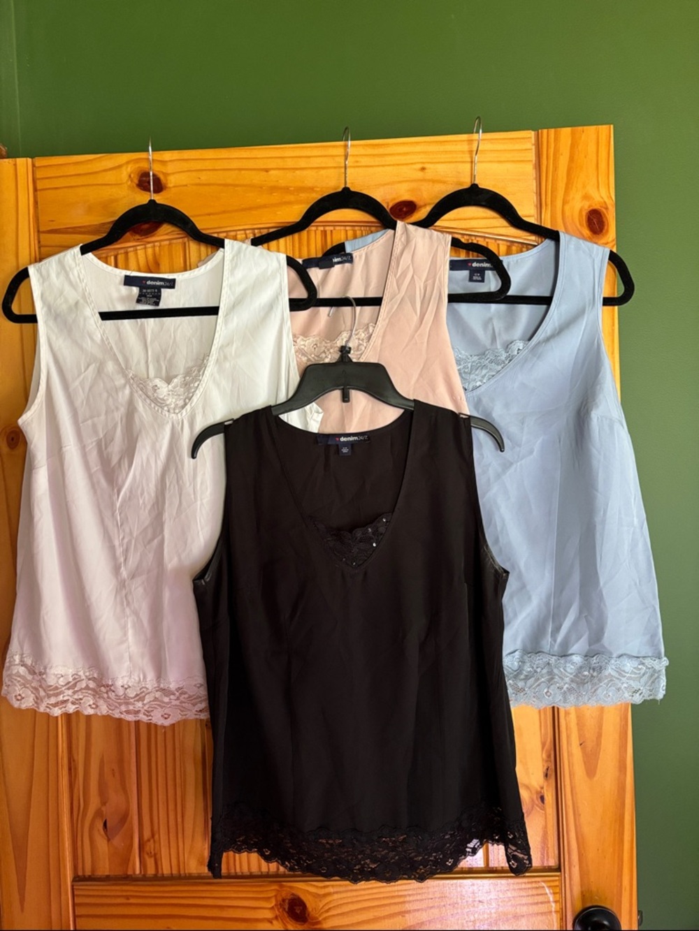Denim 24/7 Lace-Trim Sleeveless Camisoles — Black, White, Blush, Light Blue